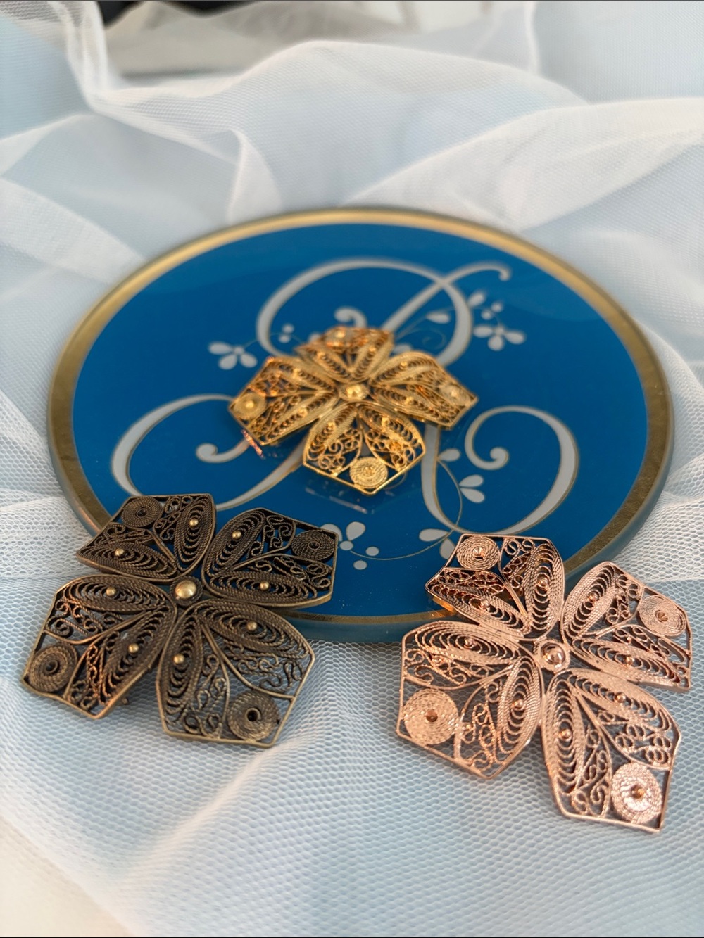 Vintage Filigree Metal Flower Brooches - Gold, Bronze, Rose Gold